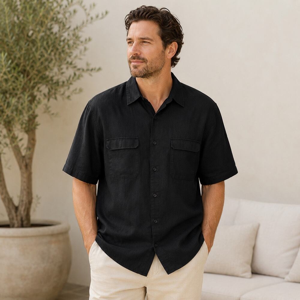 Bruno Men’s XL Black 100% Linen Short Sleeve Button Down Shirt Washable Linen